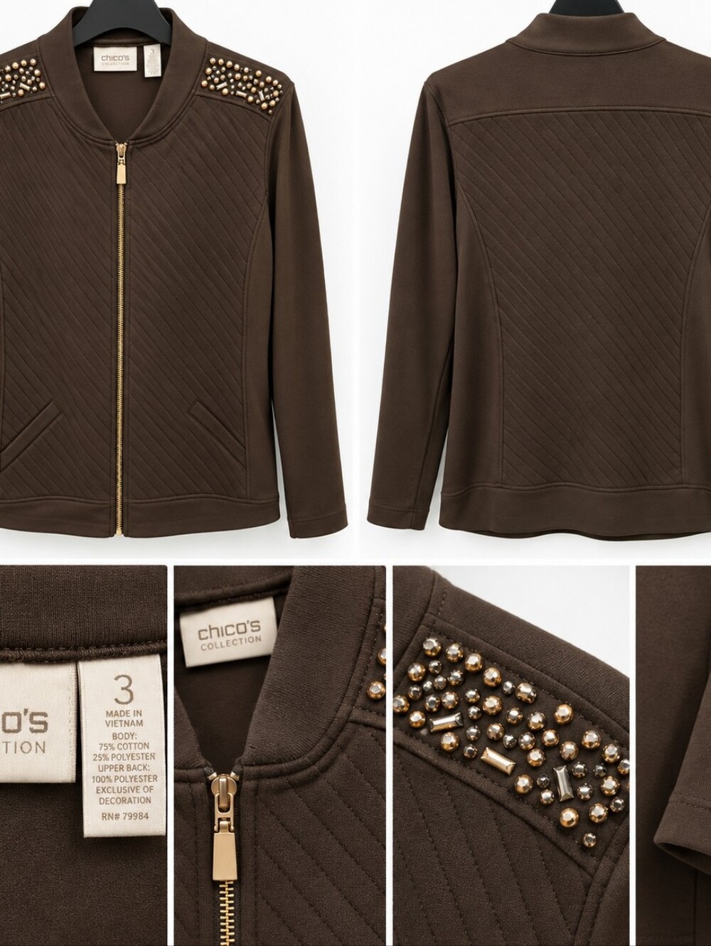 Chico's Black Quilted Zip-Front Jacket with Stud Embellishments